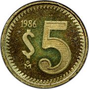Mexico 5 Pesos (Circulation Coin Pattern) 1986 $5 MO coin reverse Mexico 5 Pesos (Circulation Coin Pattern) 1986 $5 MO coin reverse