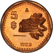 Mexico 5 Pesos (Quetzalcoatl Pattern) MO 5 $ QUETZALCOATL 1983 coin reverse
