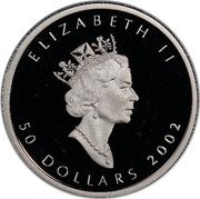 Canada 50 Dollars (Hologram Maple Leaf) ELIZABETH II 50 DOLLARS 2002 coin obverse Canada 50 Dollars (Hologram Maple Leaf) ELIZABETH II 50 DOLLARS 2002 coin obverse