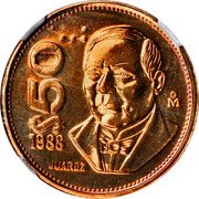 Mexico 50 Pesos Benito Juarez Pattern Coin 1988 Mº $50 MO 1988 JUAREZ coin reverse Mexico 50 Pesos Benito Juarez Pattern Coin 1988 Mº $50 MO 1988 JUAREZ coin reverse