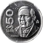 Mexico 50 Pesos (Benito Juarez Pattern) $50 MO 1988 JUAREZ coin reverse Mexico 50 Pesos (Benito Juarez Pattern) $50 MO 1988 JUAREZ coin reverse