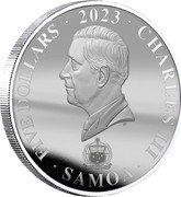 Samoa Five Dollars Disney's 100th Anniversary. Star Wars 2023 FA'AVAE I LE ATUA SAMOA FIVE DOLLARS 2023 CHARLES III SAMOA coin obverse Samoa Five Dollars Disney's 100th Anniversary. Star Wars 2023 FA'AVAE I LE ATUA SAMOA FIVE DOLLARS 2023 CHARLES III SAMOA coin obverse