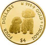 Cook Islands Four Dollars (Dogs) FOUR DOLLARS 9999 GOLD 1/30TH OZ $4 coin reverse