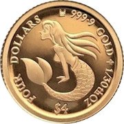 Cook Islands Four Dollars (Mermaid) FOUR DOLLARS 9999 GOLD 1/30TH OZ $4 coin reverse