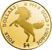 Cook Islands Four Dollars Unicorn 2018 FOUR DOLLARS 9999 GOLD 1/30TH OZ $4 coin reverse Cook Islands Four Dollars Unicorn 2018 FOUR DOLLARS 9999 GOLD 1/30TH OZ $4 coin reverse