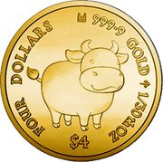 Cook Islands Four Dollars Year of the Ox - Facing right 2021 FOUR DOLLARS 9999 GOLD 1/30TH OZ $4 coin reverse