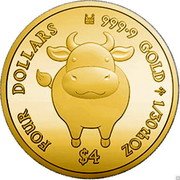 Cook Islands Four Dollars Year of the Ox - Head on 2021 FOUR DOLLARS 9999 GOLD 1/30TH OZ $4 coin reverse
