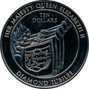 Fiji Ten Dollars 60th Anniversary of the Accession of Queen Elizabeth II 2012 HER MAJESTY QUEEN ELIZABETH II DIAMOND JUBILEE TEN DOLLARS CELEBRATION A LIFETIME OF SERVICE coin reverse