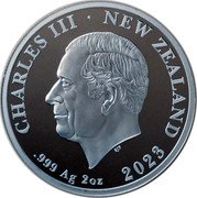 New Zealand Two Dollars (Charles III 75th Birthday) CHARLES III NEW ZEALAND SJF .999 AG 2OZ 2023 coin obverse New Zealand Two Dollars (Charles III 75th Birthday) CHARLES III NEW ZEALAND SJF .999 AG 2OZ 2023 coin obverse
