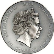 Cook Islands 1 Dollar Elizabeth II Freyr 2023  Antiqued ELIZABETH II 2023 COOK ISLANDS IRB 2 OZ 1 DOLLAR AG 999 coin obverse