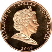 Cook Islands 1 Dollar Elizabeth in green suit hat with flower. Philip in Military uniform. Colored 2007 Proof 1 DOLLAR 2007 COOK ISLANDS ELIZABETH II coin obverse Cook Islands 1 Dollar Elizabeth in green suit hat with flower. Philip in Military uniform. Colored 2007 Proof 1 DOLLAR 2007 COOK ISLANDS ELIZABETH II coin obverse
