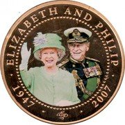 Cook Islands 1 Dollar Elizabeth in green suit hat with flower. Philip in Military uniform. Colored 2007 Proof 1947 2007 ELIZABETH AND PHILIP coin reverse Cook Islands 1 Dollar Elizabeth in green suit hat with flower. Philip in Military uniform. Colored 2007 Proof 1947 2007 ELIZABETH AND PHILIP coin reverse