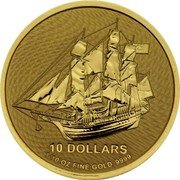 Cook Islands 10 Dollars Elizabeth II Bounty Ship 2020 10 DOLLARS 1/10 OZ FINE GOLD .9999 coin reverse Cook Islands 10 Dollars Elizabeth II Bounty Ship 2020 10 DOLLARS 1/10 OZ FINE GOLD .9999 coin reverse