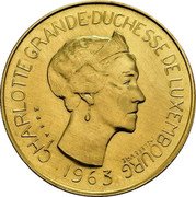 Luxembourg 100 Francs (Charlotte Pattern) KM# E67 CHARLOTTE GRANDE DUCHESSE DE LUXEMBOURG ESSAI J.N.LEFEVRE 1963 coin obverse Luxembourg 100 Francs (Charlotte Pattern) KM# E67 CHARLOTTE GRANDE DUCHESSE DE LUXEMBOURG ESSAI J.N.LEFEVRE 1963 coin obverse