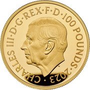 UK 100 Pounds (The British Lion and The American Eagle) CHARLES III D G REX F D 100 POUNDS 2023 MJ coin obverse UK 100 Pounds (The British Lion and The American Eagle) CHARLES III D G REX F D 100 POUNDS 2023 MJ coin obverse