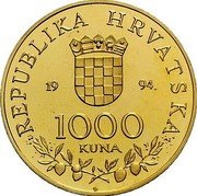 Croatia 1000 Kuna Pope John Paul II Visit to Croatia 1994 Proof KM# 33 REPUBLIKA HRVATSKA 19 94. 1000 KUNA coin obverse
