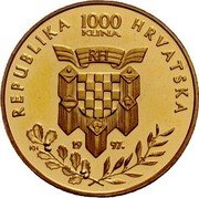 Croatia 1000 Kuna First Croatian President dr. Franjo Tudman 1997 Proof KM# 61 REPUBLIKA HRVATSKA 1000 KUNA KH 19 97. coin obverse