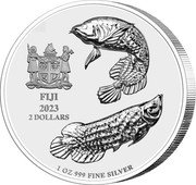 Fiji 2 Dollars Auspicious Fishes. Arowana 2023 REREVAKA NA KALOU KA DOKA NA TUI FIJI 2023 2 DOLLARS 1 OZ 999 FINE SILVER coin obverse Fiji 2 Dollars Auspicious Fishes. Arowana 2023 REREVAKA NA KALOU KA DOKA NA TUI FIJI 2023 2 DOLLARS 1 OZ 999 FINE SILVER coin obverse