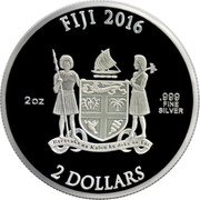 Fiji 2 Dollars Captain America Shield 2016  Proof FIJI 2016 2OZ .999 FINE SILVER REREVAKA NA KALOU KA DOKA NA TUI 2 DOLLARS coin obverse Fiji 2 Dollars Captain America Shield 2016  Proof FIJI 2016 2OZ .999 FINE SILVER REREVAKA NA KALOU KA DOKA NA TUI 2 DOLLARS coin obverse
