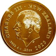 New Zealand 2 Dollars Queen Elizabeth II Memorial 2023  Gold Proof CHARLES III NEW ZEALAND SJF .9999 AU .25OZ 2023 coin obverse New Zealand 2 Dollars Queen Elizabeth II Memorial 2023  Gold Proof CHARLES III NEW ZEALAND SJF .9999 AU .25OZ 2023 coin obverse