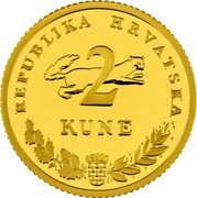 Croatia 2 Kune Tuna 1993 Proof KM# 10b REPUBLIKA HRVATSKA 2 KUNE coin obverse Croatia 2 Kune Tuna 1993 Proof KM# 10b REPUBLIKA HRVATSKA 2 KUNE coin obverse