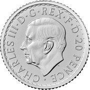 UK 20 Pence (Britannia Bullion) CHARLES III D G REX F D 20 PENCE MJ coin obverse UK 20 Pence (Britannia Bullion) CHARLES III D G REX F D 20 PENCE MJ coin obverse