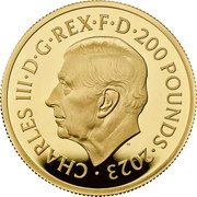 UK 200 Pounds (The British Lion and The American Eagle) CHARLES III D G REX F D 200 POUNDS 2023 MJ coin obverse