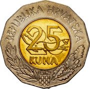 Croatia 25 Kuna 5th Anniversary of the UN Membership 1997 KM# 48 REPUBLIKA HRVATSKA 25 KUNA coin obverse Croatia 25 Kuna 5th Anniversary of the UN Membership 1997 KM# 48 REPUBLIKA HRVATSKA 25 KUNA coin obverse