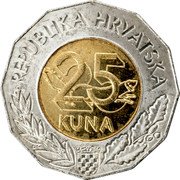Croatia 25 Kuna Euro Currency Introduction in Countries in EU 1999 KM# 64 REPUBLIKA HRVATSKA 25 KUNA coin obverse Croatia 25 Kuna Euro Currency Introduction in Countries in EU 1999 KM# 64 REPUBLIKA HRVATSKA 25 KUNA coin obverse
