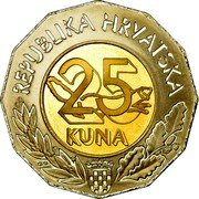 Croatia 25 Kuna 1st International Esperanto Congress in Zagreb 1997 Proof KM# 49 REPUBLIKA HRVATSKA 25 KUNA coin obverse Croatia 25 Kuna 1st International Esperanto Congress in Zagreb 1997 Proof KM# 49 REPUBLIKA HRVATSKA 25 KUNA coin obverse