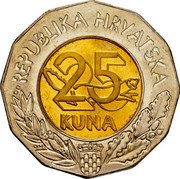 Croatia 25 Kuna 10th Anniversary of International Recognition 2002 KM# 66 REPUBLIKA HRVATSKA 25 KUNA coin obverse Croatia 25 Kuna 10th Anniversary of International Recognition 2002 KM# 66 REPUBLIKA HRVATSKA 25 KUNA coin obverse