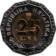 Croatia 25 Kuna (75th Anniversary of Croatian Association of Technical Culture) KM# 126 REPUBLIKA HRVATSKA 25 KUNA coin obverse Croatia 25 Kuna (75th Anniversary of Croatian Association of Technical Culture) KM# 126 REPUBLIKA HRVATSKA 25 KUNA coin obverse