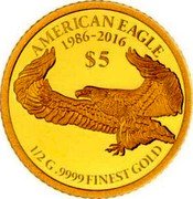 Fiji 5 Dollars (30th Anniversary of the American Silver Eagle Coin) $5 AMERICAN EAGLE 1986 - 2016 1/2 G .9999 FINEST GOLD coin reverse Fiji 5 Dollars (30th Anniversary of the American Silver Eagle Coin) $5 AMERICAN EAGLE 1986 - 2016 1/2 G .9999 FINEST GOLD coin reverse