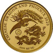 Fiji 5 Dollars (Chinese Dragon & Phoenix 30 Anniversary) CHINESE DRAGON AND PHOENIX 2020 30TH ANNIV. PF .9999 AU 1G coin reverse