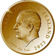 New Zealand 5 Dollars Queen Elizabeth II Memorial 2023  Gold Proof CHARLES III NEW ZEALAND SJF .9999 AU .1OZ 2023 coin obverse New Zealand 5 Dollars Queen Elizabeth II Memorial 2023  Gold Proof CHARLES III NEW ZEALAND SJF .9999 AU .1OZ 2023 coin obverse