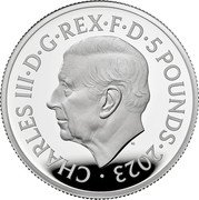 UK 5 Pounds The British Lion and The American Eagle 2023 CHARLES III D G REX F D 5 POUNDS 2023 MJ coin obverse UK 5 Pounds The British Lion and The American Eagle 2023 CHARLES III D G REX F D 5 POUNDS 2023 MJ coin obverse