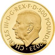 UK 500 Pounds (The British Lion and the American Eagle) CHARLES III D G REX F D 500 POUNDS 2023 MJ coin obverse