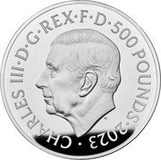 UK 500 Pounds (The British Lion and The American Eagle) CHARLES III D G REX F D 500 POUNDS 2023 MJ coin obverse