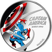 Cook Islands One Dollar Elizabeth II Captain America 2021  Proof CAPTAIN AMERICA SINCE 1941 © MARVEL coin reverse