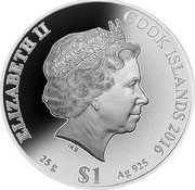 Cook Islands 1 Dollar Elizabeth II Caroline Chisholm 2016  Proof ELIZABETH II COOK ISLANDS 2016 IRB 25G $1 AG 925 coin obverse Cook Islands 1 Dollar Elizabeth II Caroline Chisholm 2016  Proof ELIZABETH II COOK ISLANDS 2016 IRB 25G $1 AG 925 coin obverse