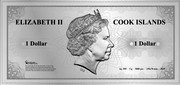 Cook Islands 1 Dollar Elizabeth II Moscow 2019  Prooflike ELIZABETH II 1 DOLLAR CERTIFICATE OF AUTHENTICITY THE AUTHORITY OF THE GOVERNMENT OF THE COOK ISLANDS CERTIFIES THAT THESE SILVER BANKNOTES ARE LEGAL TENDER OF COOK ISLANDS AND ARE GUARANTEED TO MATCH THE STANDARDS OF FINENESS AND WEIGHT. IRB COOK ISLANDS 1 DOLLAR AG .999 5 G 5000 PCS 150X70 MM 2019 coin obverse