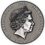 Cook Islands 1 Dollar Elizabeth II Thor 2020 Antiqued ELIZABETH II 2020 COOK ISLANDS IRB 2 OZ 1 DOLLAR AG999 coin obverse Cook Islands 1 Dollar Elizabeth II Thor 2020 Antiqued ELIZABETH II 2020 COOK ISLANDS IRB 2 OZ 1 DOLLAR AG999 coin obverse