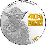 Cook Islands One Dollar Elizabeth II Yoda 2020 Proof 1OZ PURE .999 AG © & TM LUCASFILM LTD. 40 THE EMPIRE STRIKES BACK YODA coin reverse Cook Islands One Dollar Elizabeth II Yoda 2020 Proof 1OZ PURE .999 AG © & TM LUCASFILM LTD. 40 THE EMPIRE STRIKES BACK YODA coin reverse