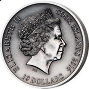 Cook Islands 10 Dollars Elizabeth II Freyr 2016 Antique Finish ELIZABETH II COOK ISLANDS 2016 IRB 10 DOLLARS coin obverse Cook Islands 10 Dollars Elizabeth II Freyr 2016 Antique Finish ELIZABETH II COOK ISLANDS 2016 IRB 10 DOLLARS coin obverse