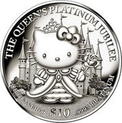 Cook Islands 10 Dollars Elizabeth II Hello Kitty 2022  Proof THE QUEEN'S PLATINUM JUBILEE ©2022 SANRIO Ⓛ $10 .9995 PLATINUM coin reverse Cook Islands 10 Dollars Elizabeth II Hello Kitty 2022  Proof THE QUEEN'S PLATINUM JUBILEE ©2022 SANRIO Ⓛ $10 .9995 PLATINUM coin reverse