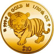 Cook Islands 10 Dollars Elizabeth II Tiger 2022 Proof 999.9 GOLD 1/20TH OZ $10 coin reverse Cook Islands 10 Dollars Elizabeth II Tiger 2022 Proof 999.9 GOLD 1/20TH OZ $10 coin reverse
