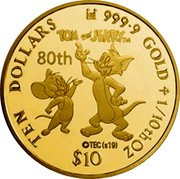 Cook Islands Ten Dollars Elizabeth II Tom and Jerry 2020 Proof TEN DOLLARS 9999 GOLD 1/10TH OZ TOM AND JERRY TM 80TH ©TEC(S19) $10 coin reverse Cook Islands Ten Dollars Elizabeth II Tom and Jerry 2020 Proof TEN DOLLARS 9999 GOLD 1/10TH OZ TOM AND JERRY TM 80TH ©TEC(S19) $10 coin reverse