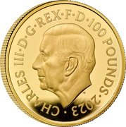 UK 100 Pounds (Wet Nellie) CHARLES III D G REX F D 100 POUNDS 2023 MJ coin obverse UK 100 Pounds (Wet Nellie) CHARLES III D G REX F D 100 POUNDS 2023 MJ coin obverse