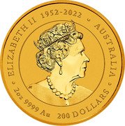 Australia 200 Dollars Year of the Dragon. Serpentine-shaped Dragon 2024 ELIZABETH II 1952 - 2022 AUSTRALIA 2 OZ 9999 AU 200 DOLLARS coin obverse Australia 200 Dollars Year of the Dragon. Serpentine-shaped Dragon 2024 ELIZABETH II 1952 - 2022 AUSTRALIA 2 OZ 9999 AU 200 DOLLARS coin obverse