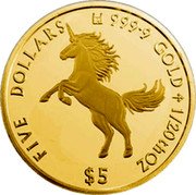Cook Islands Five Dollars Elizabeth II Unicorn 2020  Proof FIVE DOLLARS 999 9 1/20TH OZ $5 coin reverse Cook Islands Five Dollars Elizabeth II Unicorn 2020  Proof FIVE DOLLARS 999 9 1/20TH OZ $5 coin reverse